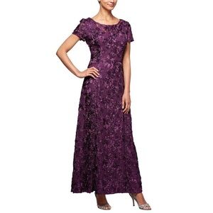 *NWT Alex Evenings A-Line Gown Sequins Short Sleeves Eggplant 14 Petite | M471